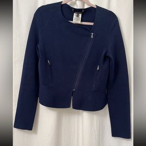 BCBG MAX AZRIA women’s Medium zipper front knit peplum jacket top moto in Navy
